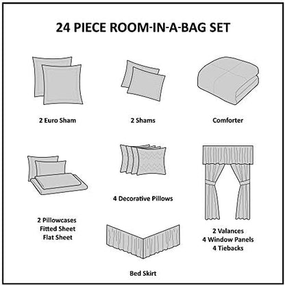 Madison Park Essentials Brystol 24 Piece Room in a Bag Faux Silk Comforter Jacquard Paisley Design Matching Curtains Down Alternative Hypoallergenic All Season Bedding-Set, Cal King(104"x92"), Brown