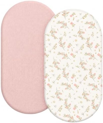 Organic Baby Bassinet Sheets 2 Pack 33”x17” 100% Muslin Cotton for Baby Girl Boy, Soft Fitted Mattress Pad Cover Compatible with Halo BassiNest Swivel Sleeper, Graco, Baby Delight, Chicco, Angelbliss