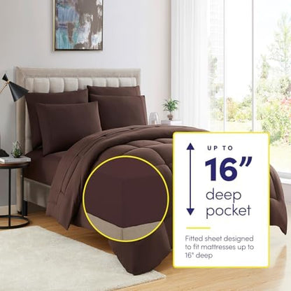 King Size Comforter Set with Sheets - 7-Piece Bedding Collection - 1 Comforter, 1 Fitted Sheet, 1 Flat, 4 Pillowcases - Deep Pocket - Soft & Premium Quality - Ideal for All Seasons, Chocolate Brown
