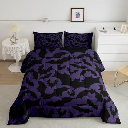 Castle Fairy Halloween Themed Comforter Set Twin Size,Black Bats Animal Print Quilt Set for Kids Boys Bedroom Collection,Dark Purple Color Polyester Bedding with 1 Pillowcase,2Pcs