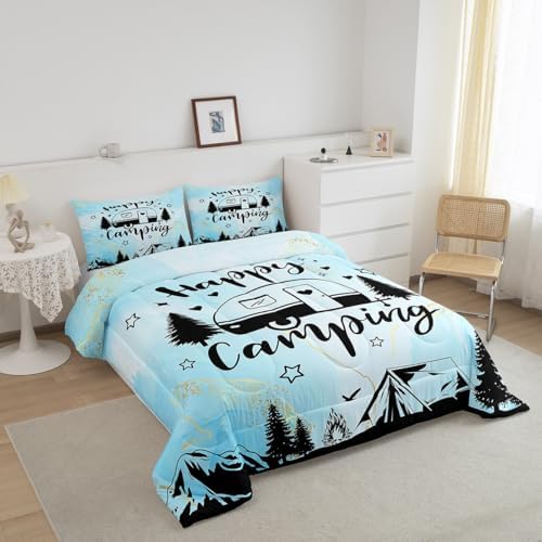 Manfei Happy Camping Camper Kids Comforter Set Queen Size,Star Pine Tree Mountain Bedding Set,Girls Boys Room Decor,Rustic Farmhouse Cabin Quilt Comforter,Blue Country Duvet Insert,2 Pillowcases