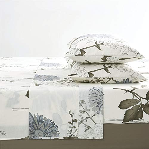 Wake In Cloud - Floral Bed Sheets, 100% Cotton, 4-Piece Sheet Set, Vintage Flower Botanical Shabby Chic Coquette Cottage Aesthetic Bedding, Deep Pocket, Gray Beige, California King Size