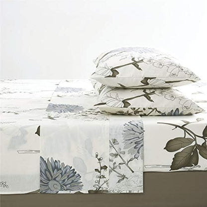 Wake In Cloud - Floral Bed Sheets, 100% Cotton, 4-Piece Sheet Set, Vintage Flower Botanical Shabby Chic Coquette Cottage Aesthetic Bedding, Deep Pocket, Gray Beige, California King Size