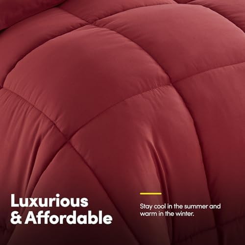 Sweet Home Collection 5 Piece Comforter Set Bag Solid Color All Season Soft Down Alternative Blanket & Luxurious Microfiber Bed Sheets, Red, Twin