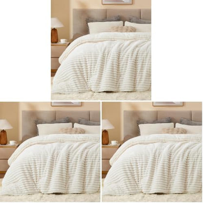BEDELITE Fleece Queen Comforter Set -Super Soft & Warm Fluffy Cream White Bedding, Luxury Fuzzy Heavy Bed Set for All Season with 2 Pillow Cases (Pack of 3)
