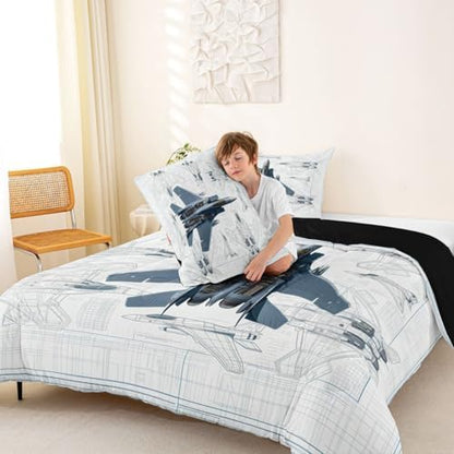 Erosebridal Fighter Aircraft Kids Comforter Sets Military Jet Full Bedding Set for Boys Girls Hand Drawn Grid Aircraft Comforter Set Modern Flying Airplane Quilt Duvet 3 Pcs