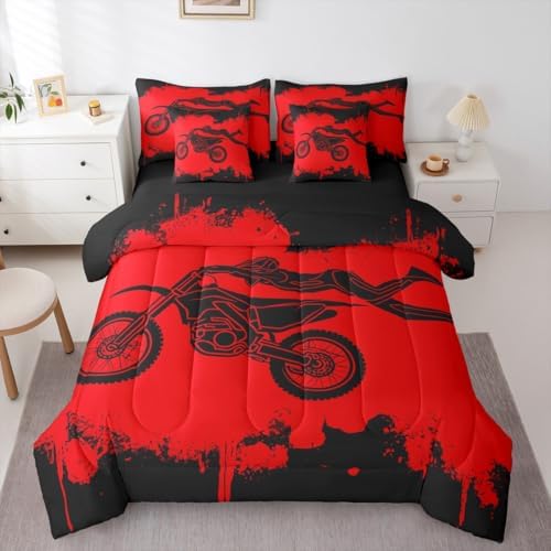 Erosebridal Dirt Bike Queen Comforter Set 7 Pieces, Motocross Rider Bed in A Bag for Bedroom, Motorcycle Game Bedding Set with Comforters, Sheets, Pillowcases Motorbike Extreme Sport Bedroom Decor