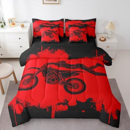 Erosebridal Dirt Bike Queen Comforter Set 7 Pieces, Motocross Rider Bed in A Bag for Bedroom, Motorcycle Game Bedding Set with Comforters, Sheets, Pillowcases Motorbike Extreme Sport Bedroom Decor