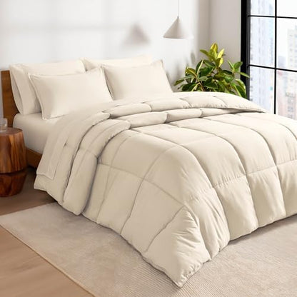 Bare Home Bed-in-A-Bag 7 Piece Comforter & Sheet Set - Full - Goose Down Alternative - Ultra-Soft 1800 Premium - Bedding Set (Full, Sand/Sand)