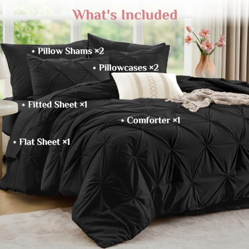 JOLLYVOGUE Black Queen Comforter Set 7 Pieces - Bed in a Bag Queen for All Season, Pintuck Bedding Comforter Sets with Comforter, Flat Sheet, Fitted Sheet and Pillowcases & Shams