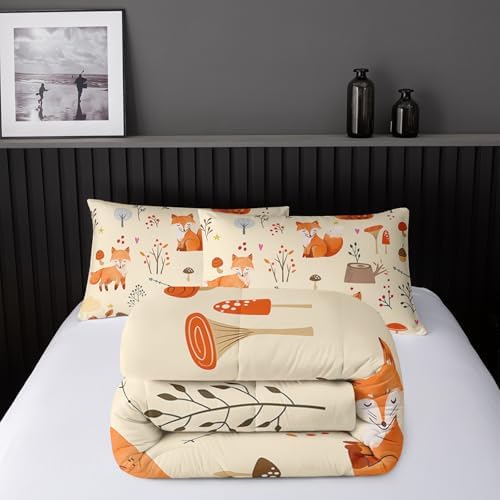 Nttopship Cartoon Fox Comforter Set King，Cute Fox Bedding Set 3-Pieces Quilt Set 3D Animal Plants Leaves Printed Theme Bedding Set for Boys Girls Animal Bedroom Decor Comforter with 2 Pillowcases