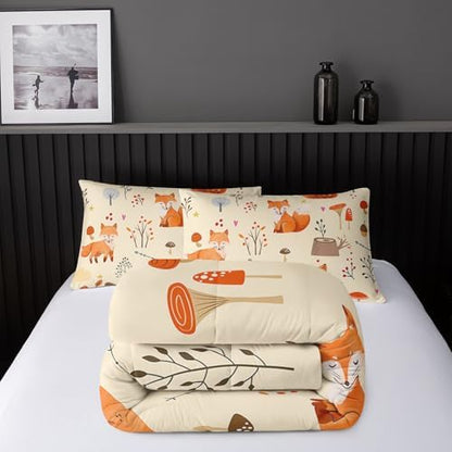 Nttopship Fox Comforter Set Queen，Cute Fox Bedding Set 3-Pieces Quilt Set 3D Animal Plants Leaves Printed Theme Bedding Set for Boys Girls Kids Bedroom Decor Comforter with 2 Pillowcases