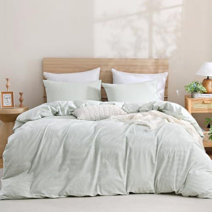 TOCOMOA Sage Green Striped Duvet Cover Set Washed Cotton Like Linen, King