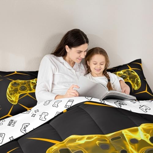 Castle Fairy Video Game Controller Yellow 3 Pcs Comforter/Duvet Set,Geometric Gaming Honeycomb Ultra Soft Bed Collection,Gamepad Bedding for Room Decor 3 Pcs,Microfiber Breathable,King