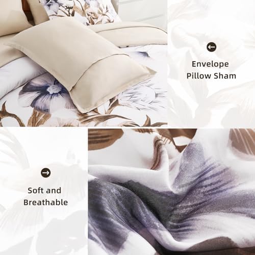 Luxudecor Floral Comforter Set Full Size 7 Piece, Beige Flower Bed in a Bag, Elegant Floral Comforter with Sheet Set, Soft Microfiber Bedding Set for All Season (Beige, 80"x90")