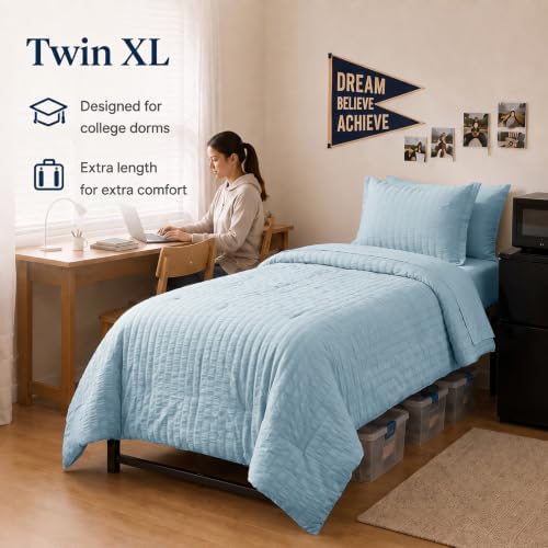 CozyLux Twin XL Comforter Set, 5 Pieces Light Blue Seersucker Bed in a Bag