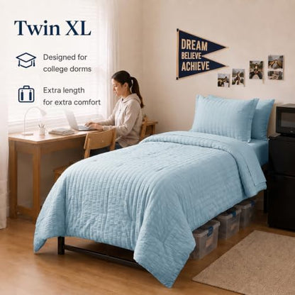 CozyLux Twin XL Comforter Set, 5 Pieces Light Blue Seersucker Bed in a Bag