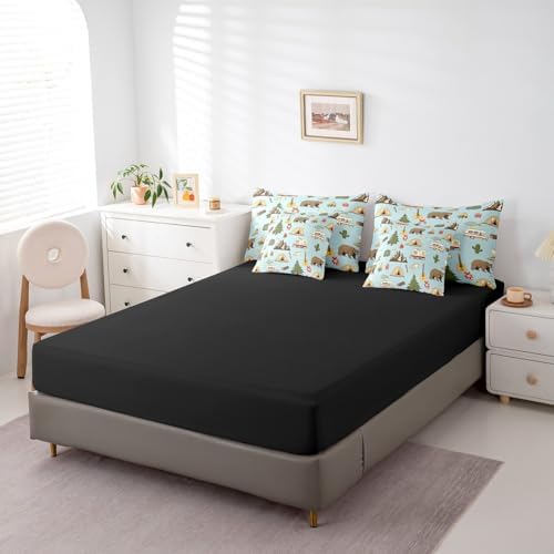 Erosebridal Camper 7 Pcs Bedding Sets for Travel Trailers Bunk,Happy Camping Comforter Set Queen Bed in a Bag for Kids Boys Girls,Pine Tree Bear Duvet Insert,Camper Accessories Travel Car Flat Sheet