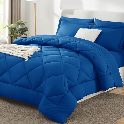 CozyLux Oversized Queen Comforter Set 98"x98", 7 Piece, Classic Blue