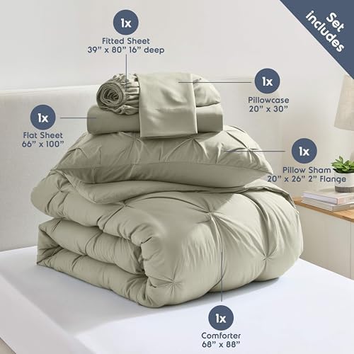 Nestl 7 Piece Twin XL Comforter Set – Light Sage Pinch Pleated Bed in a Bag – Complete Twin XL Size Bedding Set with Sheets, Set of 2 Cooling Pillows, Pillowcase and Sham