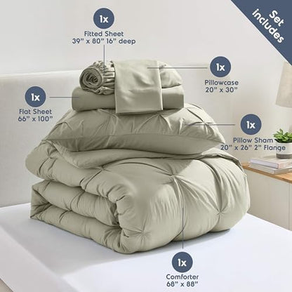 Nestl 7 Piece Twin XL Comforter Set – Light Sage Pinch Pleated Bed in a Bag – Complete Twin XL Size Bedding Set with Sheets, Set of 2 Cooling Pillows, Pillowcase and Sham