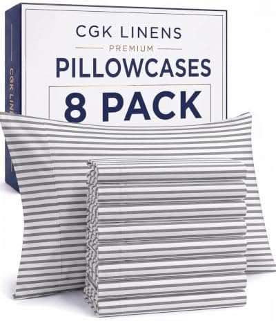 Standard Pillow Cases Set of 8 - Soft Pillowcase Covers - Grey Stripes