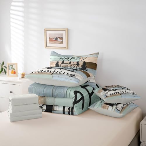 Erosebridal Camper Camping 7 Pieces Bedding Set Twin Size,Cartoon Travel RV Bed in a Bag,Happy Camping Bed Set Includes Comforter,Sheet Set,Pillowcases & Pillow Covers,Retro Wooden Plank Bedroom Decor