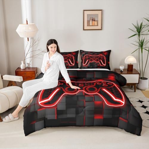 Feelyou Kids Gamer Comforter Set King Size Red and Black Bedding Set for Boys Teens Decor Gaming Ombre Comforter Geometric Square Duvet Set 3Pcs