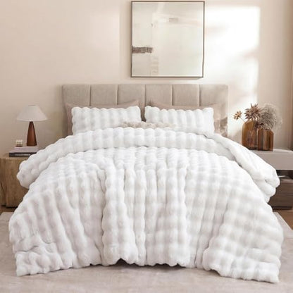 YIKUSH Queen Faux Fur Soft Comforter Set, Fluffy White Rabbit Fur Comforter