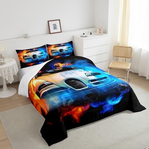 Feelyou Kids Sports Car Bedding Set Luxury Yin Yang Race Car Bedding Set for Boys Girls Men Extreme Sports Theme Comforter Cool Speed Racing Car Comforter Set Bedroom Collection 3Pcs Full Size