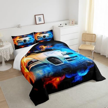 Feelyou Kids Sports Bedding Set Luxury Race Car Bedding Set for Boys Girls Extreme Sports Theme Comforter Cool Speed Racing Car Comforter Set Bedroom Collection 3Pcs Queen Size
