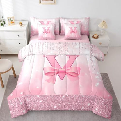 Feelyou Boys Girls Pink Bowknot 7 Pieces Bedding Set Queen Size