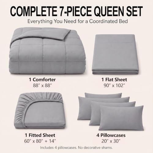 CozyLux Queen Comforter Set Grey - 7 Pieces Bed in a Bag