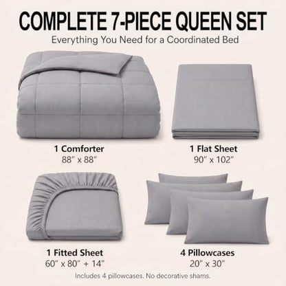 CozyLux Queen Comforter Set Grey - 7 Pieces Bed in a Bag