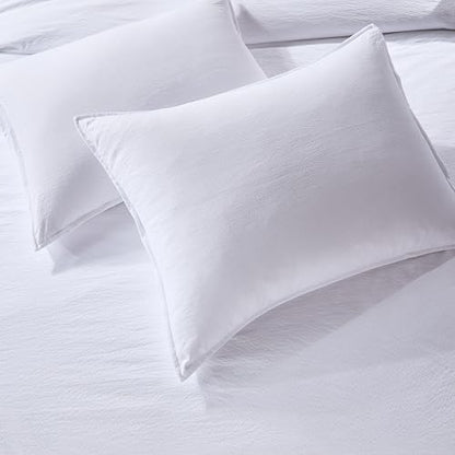 WDCOZY White Queen Size Jacquard Duvet Cover Set with Zipper Closure, Modern Washed Soft Striped Bedding, Textured Seersucker Like Cotton Linen, 1 Duvet Cover and 2 Pillow Shams, No Comforter