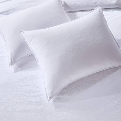 WDCOZY White King Size Jacquard Duvet Cover Set with Zipper Closure, Modern Washed Soft Striped Bedding, Textured Seersucker Like Cotton Linen, 1 Duvet Cover and 2 Pillow Shams, No Comforter