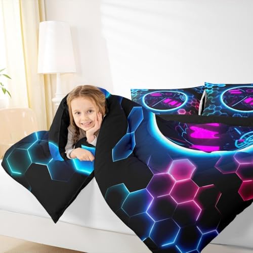 Erosebridal Bowling Games Bedding Sets King - Neon Ball Game Comforter Set for Kids Adults Hexagon Honeycomb Duvet Insert Modern Geometric Quilt