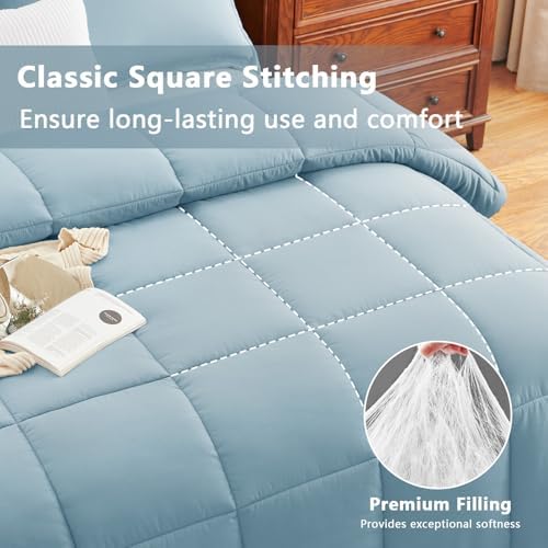 CozyLux Full Size Comforter Sets, 3-Piece Box-Stitched, Light Blue