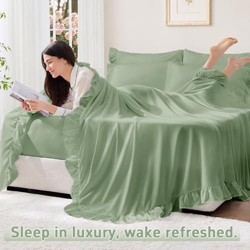 FUANNA Queen Sheets 4 Pieces - Green Sheets with 4-Inch Ruffles Bed Skirt