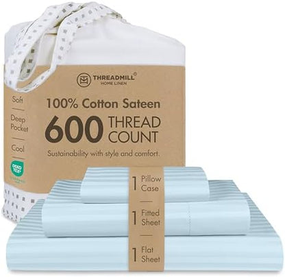 Threadmill 600TC Cotton Twin XL Sheet Set, Sateen, Damask Stripe, Blue