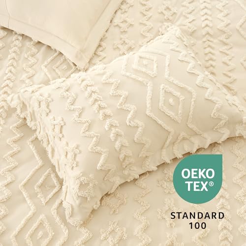 Amélie Home Tufted Boho Comforter Set Twin Size, 2 Pieces Soft Textured Bed Set, Lightweight Breathable Comforter for All Seasons, Farmhouse Shabby Chic Jacquard Bedding, Cozy Gift for Women, Beige