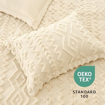 Amélie Home Tufted Boho Comforter Set Twin Size, 2 Pieces Soft Textured Bed Set, Lightweight Breathable Comforter for All Seasons, Farmhouse Shabby Chic Jacquard Bedding, Cozy Gift for Women, Beige