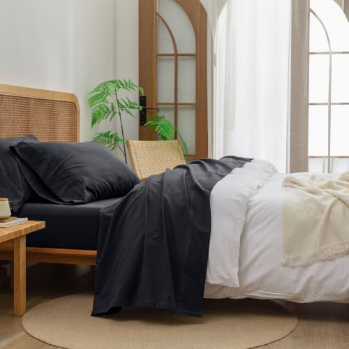 BESTOUCH Sheet Set 100% Washed Cotton Linen Feel Super Soft Comfortable Chic Lightweight 4 Pcs Home Bedding Set Solid Dark Black Queen