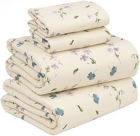 RUVANTI 100% Cotton Flannel Sheets Queen Size, 4 Pcs, Jasmine Stamp Cream