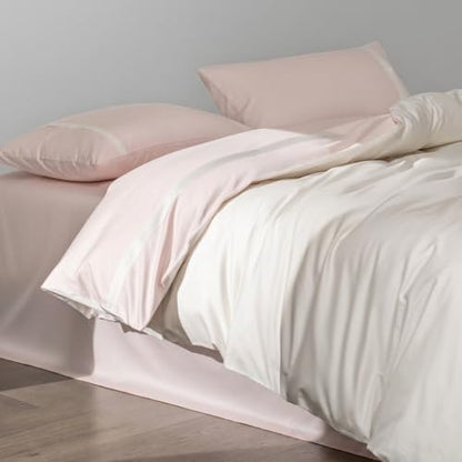 Full Size Duvet Cover, 100% Egyptian Cotton,1600 Thread Count, Reversible Duvet Cover, Soft and Breathable Satin Bedding Set, All Seasons (Heather Pink and White, 80"x90")