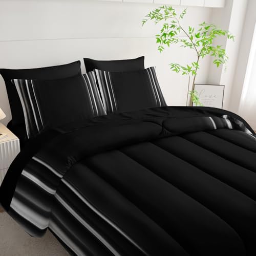 Nttopship White and Black Bedding Set Full Size Abstract Ombre Comforter Set Bedding Set 7 Piece in A Bag,Dark Quilt Set Mordern Art Decor All Seasons with Pillowcases,Flat, Fitted Sheet
