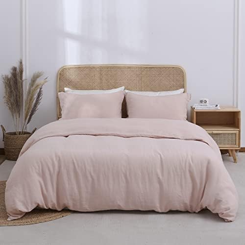 Simple&Opulence 100% Linen Duvet Cover Set 2pcs Basic Style Natural French Washed Flax Solid Color Soft Breathable Farmhouse Bedding with Button Closure - Blush Pink, Twin
