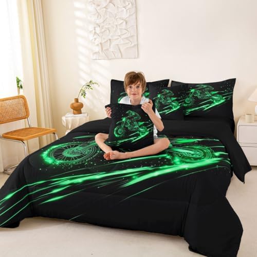 Feelyou Green Neon Dirt Bike Full Comforter Set with Sheets for Boys Girls Line Art Design 7 Pieces Bedding Set Motocross Bed in a Bag Speed Racing Room Decor Extreme Sports Pattern Soft Lightweight