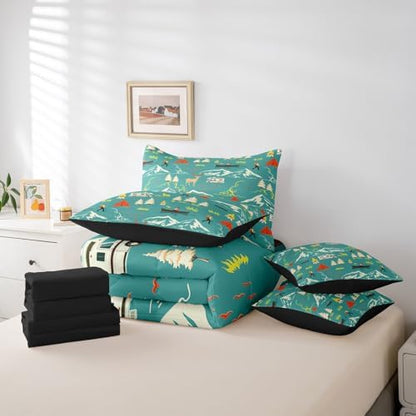Erosebridal Kids Camping 7 Piece Comforter Set Twin Bed in a Bag,Farmhouse Camper Car Bedding Set,Deer Wild Animals Bed Sheets,Mountain Adventure Sheet Set,Firemen Woodland Duvet Insert,Green