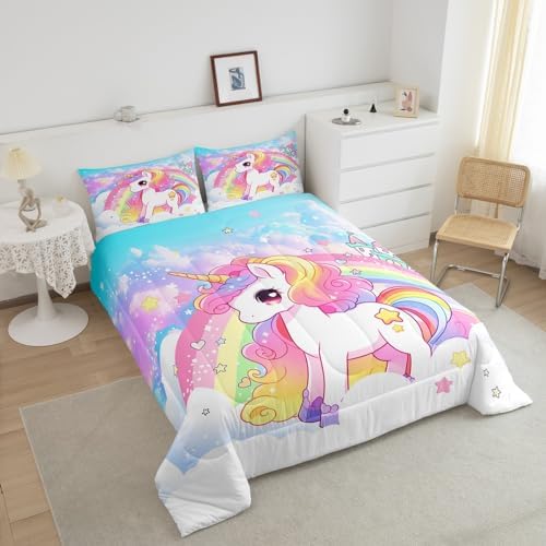 Manfei Cute Unicorn Kids Comforter Set Full Size,Rainbow Stars Cloud Dreamy Bedding Set,Girls Women Room Decor,Cartoon Animals Castle Girly Down Comforter,Pink Blue Unique Duvet Insert,2 Pillowcases